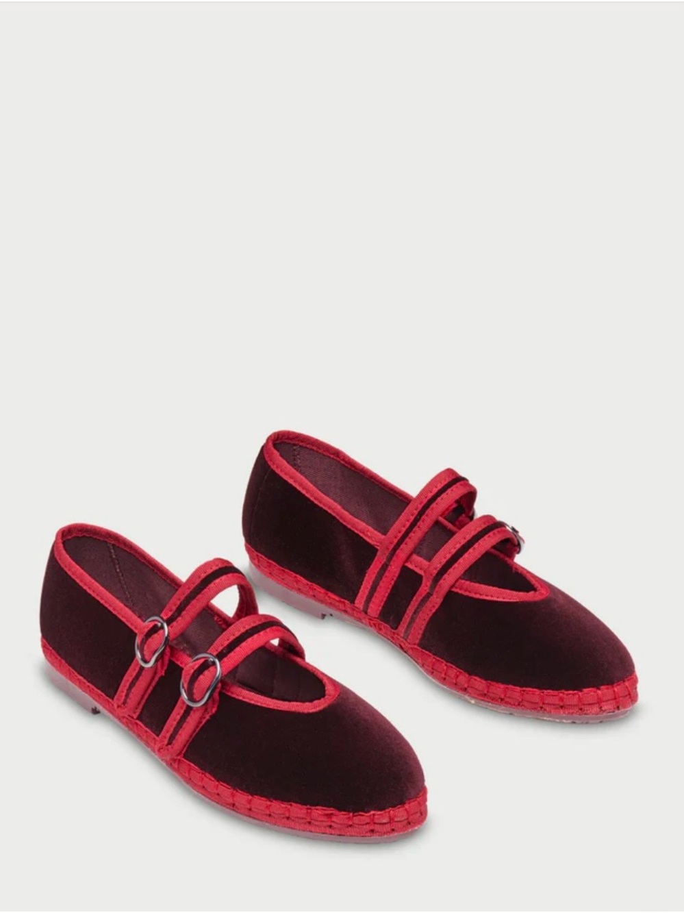 Flabelus Velvet Mary Jane Flats in Burgundy with Red Trim